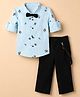 Bow & Tie Cotton Woven Full Sleeves Travel Motifs Printed Shirt & Trouser Set With Bow & Suspender - Sky Blue