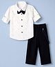 Bow & Tie Cotton Woven Full Sleeves Motifs Printed Shirt & Trouser Set With Bow & Suspender - White