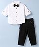 Bow & Tie Cotton Woven Full Sleeves Abstract Motifs Printed Shirt & Trouser Set With Bow & Suspender - White
