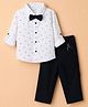 Bow & Tie Cotton Woven Full Sleeves Geometric Motifs Printed Shirt & Trouser Set With Bow & Suspender - White