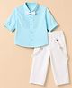 Bow & Tie Cotton Woven Full Sleeves Pintuck Pleats Detailed Shirt & Trouser Set With Bow & Suspender - Sea Blue