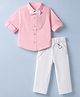 Bow & Tie Cotton Woven Full Sleeves Pintuck Pleats Detailed Shirt & Trouser Set With Bow & Suspender - Pink