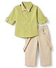 Bow & Tie Cotton Woven Full Sleeves Pintuck Pleats Detailed Shirt & Trouser Set With Bow & Suspender - Green