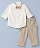 Bow & Tie Full Sleeves Pintuck Pleats Detailed Shirt & Trouser Set With Bow & Suspender - White