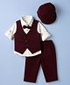Bow & Tie Cotton Woven Full Sleeves Floral & Paisley Motifs Printed Shirt & Trouser Set With Waistcoat & Bow - Wine
