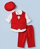 Bow & Tie Full Sleeves Abstract Motifs Printed Shirt & Trousers Set With Waistcoat Bow & Cap - Red
