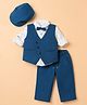 Bow & Tie Full Sleeves Paisley Motifs Printed Shirt & Trousers Set With Waistcoat Bow & Cap - Cobalt Blue