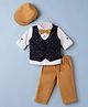 Bow & Tie Full Sleeves Solid Shirt & Trouser Set With Nautical Theme Printed Jacket Bow & Cap - Navy Blue