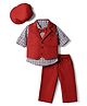 Bow & Tie Full Sleeves Checked Shirt & Trousers Set With Waistcoat Bow & Cap - Red