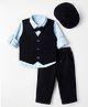 Bow & Tie Cotton Woven Full Sleeves Alphabets Printed Shirt & Trouser Set With Cap & Bow - Navy Blue