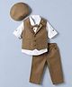 Bow & Tie Full Sleeves Spectacles Motifs Printed Shirt & Trousers Set With Waistcoat Bow & Cap - Brown