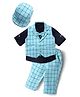 Bow & Tie Full Sleeves Solid Shirt Trousers & Graph Checked Waistcoat With Bow & Cap Set - Sky Blue