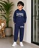 Trampoline Cotton Blend Knit Full Sleeves California Text Printed Hooded Tee & Joggers Set - Navy Blue