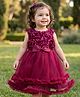 Babyhug Mesh Woven Sleeveless 3D Flower Yoke & Layered Hem Party Dress - Wine