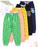 Little Ninja Cotton Knit Pack of 5 Skate Board Helicopter & Sports Text Printed Track Pants - Green Yellow Peach & Navy Blue