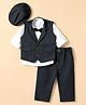 Rikidoos Cotton Woven Corduroy Full Sleeves Three Piece Party Suit With Bow & Cap - White & Navy Blue