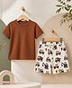 Charm n Cherish Cotton Knit Half Sleeves Solid Tee & Vehicles Printed Shorts Set - Brown