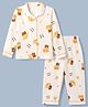 Doreme Sinker Knit Full Sleeves Front Open Co-ord Shirt & Pajama Night Suit with Teddy & Space Theme Print - Brown