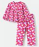 Babyhug Cotton Knit Front Open Full Sleeves Co-ord Top & Pajama Night Suit with Heart Print - Dark Pink