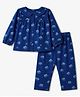 Babyhug Cotton Knit Front Open Full Sleeves Co-ord Top & Pajama Night Suit with Floral Print - Navy Blue