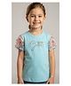 Pampolina Cotton Blend Woven Half Sleeves Floral Applique Detailed Change Is Good Text Printed Tee - Turquoise