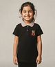 Pampolina Cotton Blend Woven Half Sleeves Bear Embroidered Polo Tee - Black