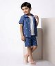 House of Raavi Knit Half Sleeves and Space Theme Printed Coordinating Shirt & Shorts Set With Inner Tee - Blue