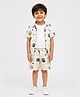 House of Raavi Knit Half Sleeves and Paw Prints Printed Coordinating Shirt & Shorts Set With Inner Tee - Cream