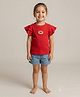 Pampolina Cotton Blend Woven Frill Sleeves Patch Detailed Top - Red