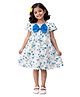 Kevora Apparels Cotton Blend Woven Half Puffed Sleeves Floral Printed Bow Applique Detailed Dress - White & Blue