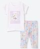 Mothercare 100% Cotton Woven Half Sleeves Top & Pajama Night Suit with Floral Cat Print - White & Purple