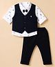 Mini Taurus 100% Cotton Knit Full Sleeves Three Piece Striped Party Suit With Text Print - Navy Blue