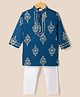 Teentaare Cotton Woven Full Sleeves Kurta Pyjama Set with Medallions Print in Navy Blue for 2-3 Years