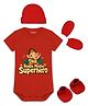Arvesa Cotton Knit Ganesh Chaturthi Theme Half Sleeves Bappa Majha Superhero Text Printed Onesie With Cap Mittens & Booties Set - Red