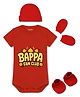 Arvesa Cotton Knit Ganesh Chaturthi Theme Half Sleeves Bappa Fan Club Text Printed Onesie With Cap Mittens & Booties Set - Red