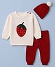 Babyhug Knit Full Sleeves Sweater Set and Cap with Pom Pom and Strawberry Design - White & Maroon