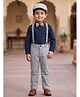 Rikidoos Cotton Woven Full Sleeves Solid Shirt & Pants Set With Bow Suspender & Cap - Navy Blue