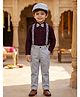 Rikidoos Cotton Woven Full Sleeves Printed Shirt & Pants Set With Bow Suspender & Cap - Maroon