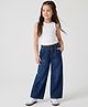 Arias Cotton Blend Elastane Woven Denim Straight Fit Wide Leg Mid Washed Pull Up Full Length Jeans With Cut And Sew Details - Blue