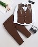 Fourfolds Cotton Blend Woven Full Sleeves Solid Shirt & Trousers Set With Studs Embellished Waistcoat & Bow - Brown
