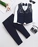 Fourfolds Cotton Blend Woven Full Sleeves Solid Shirt & Trousers Set With Floral Design Studs Embellished Waistcoat & Bow - Navy Blue