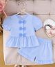 The Kids Club Cotton Blend Woven Half Puffed Sleeves Striped Bow Applique Detailed Top & Shorts Set - Blue