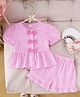 The Kids Club Cotton Blend Woven Half Puffed Sleeves Striped Bow Applique Detailed Top & Shorts Set - Pink