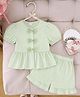 The Kids Club Cotton Blend Woven Half Puffed Sleeves Striped Bow Applique Detailed Top & Shorts Set - Green