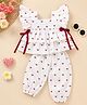 The Kids Club Cotton Blend Woven Frill Sleeves Bow Printed Coordinating Top & Capri Set - White