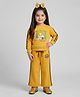 Barbie by Tiny Girl Cotton Knit Mattel Featuring Full Sleeves Barbie & Enjoy The Great Outdoors Text Printed Top & Pants Set - Mustard