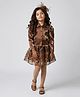Tiny Girl Woven Full Puffed Sleeves Floral Embroidered Top & Skirt Set - Brown