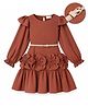 Hola Bonita Woven Fit and Flare Knee Length Dress and Belt with Full Sleeves and Floral Applique - Rust Orange