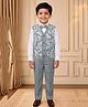 BT DEZINES Cotton Blend Woven Full Sleeves Floral Designed Sequins Embellished 3 Piece Party Suit Set With Bow - Light Grey
