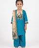 Ridokidz Cotton Silk Woven Full Sleeves Kurti Palazzo & Dupatta Set with and Peacock Print & Neck Detailing - Sea Green